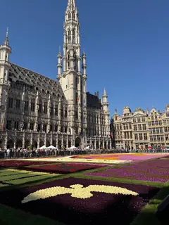 La alfombra de flores de la Grand-Place y la torre del Ayuntamiento de Bruselas